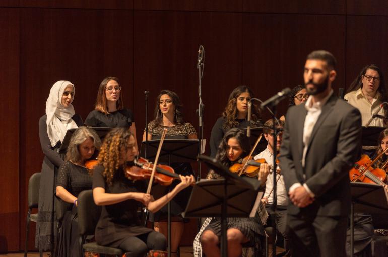 The Middle East Music Ensemble in performance in the Logan Center Performance Hall