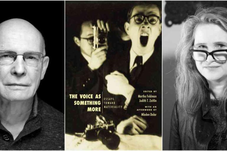 Black and white headshots of Mladen Dolar and Martha Feldman bookending the cover art for "The Voice as Something More"