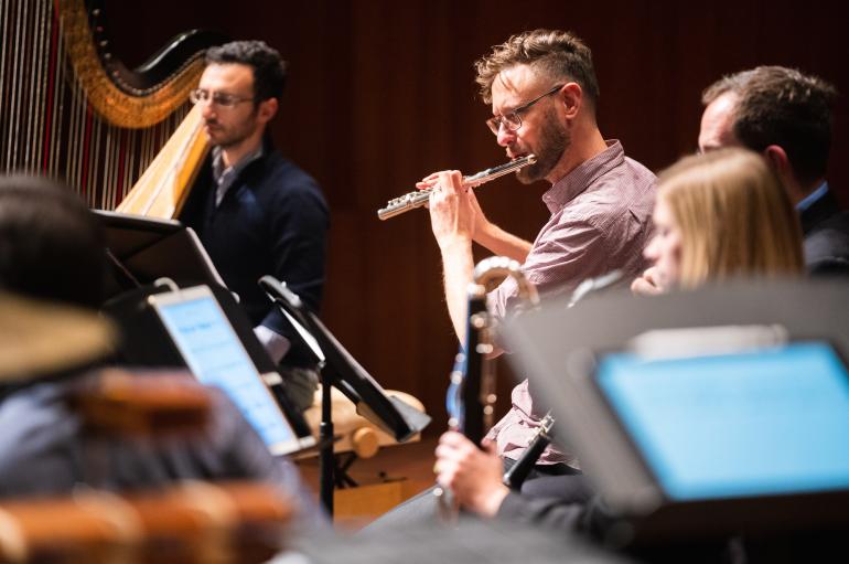 Flutist Tim Munro and harpist Ben Melsky in a rehearsal for the Grossman Ensemble