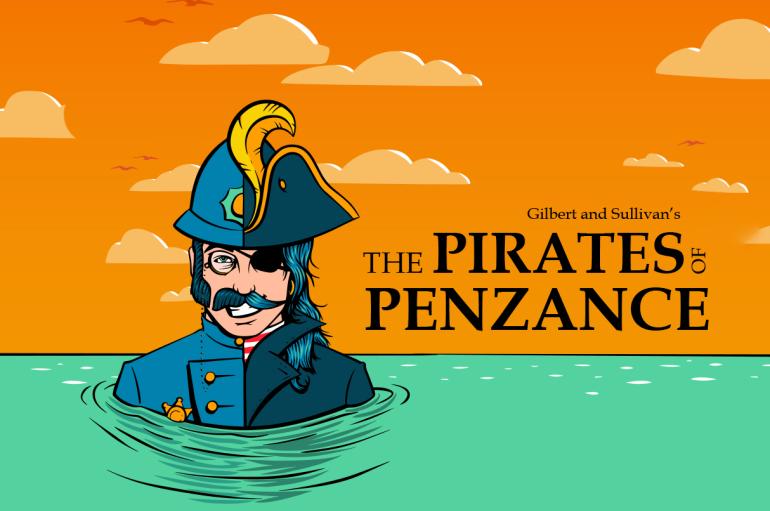 A man dressed half as a policeman and half as a pirate stands next to the title "The Pirates of Penzance"