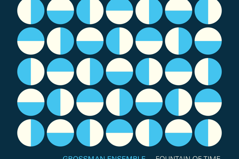 Cover art for "Fountain of Time" by the Grossman Ensemble. Features a grid of half sky blue, half cream colored circles at shifting 90 degree orientations on a dark blue background with the text "Grossman Ensemble. Fountain of Time."