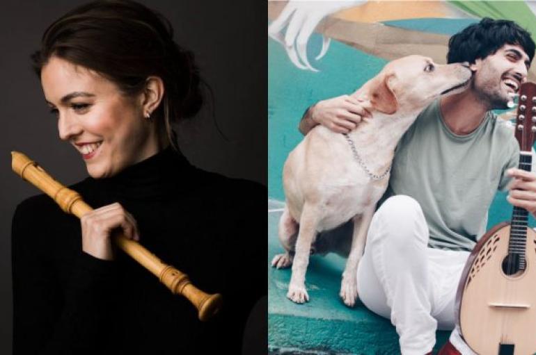 Tabea Debus on left, holding a recorder; Alon Sariel on right, holding a lute with a dog licking his face