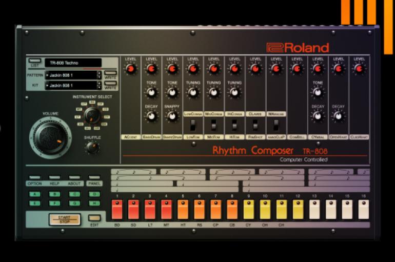 Image of the TR-808, an early drum machine with many buttons, dials, and sliders in red, orange, yellow, and white. The body of the machine is black.