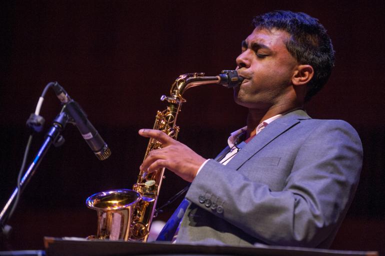 A saxophone player in the Jazz Ensemble