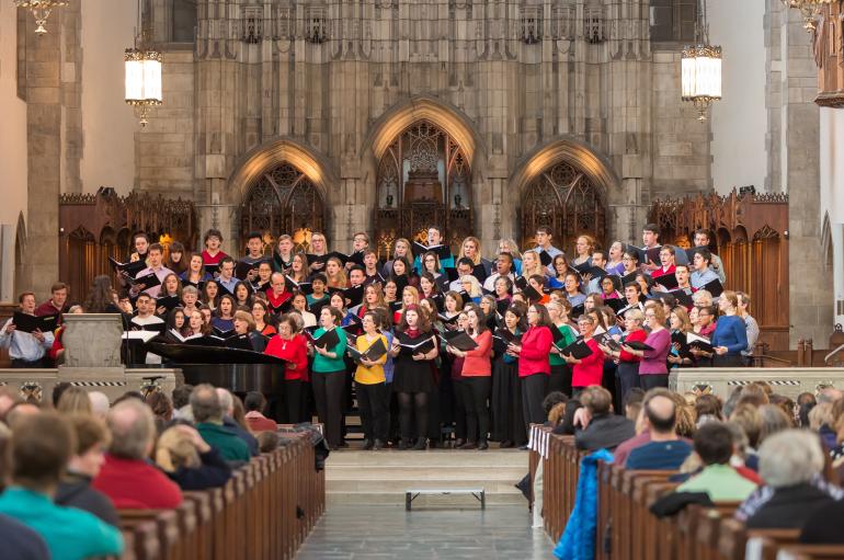 A choir performing a concert in Rockefeller Memorial Chapel