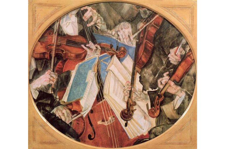 Painting titled "The Klinger Quartet" by Max Oppenheimer featuring close-up images of 2 violins, a viola, a cello, and sheet music