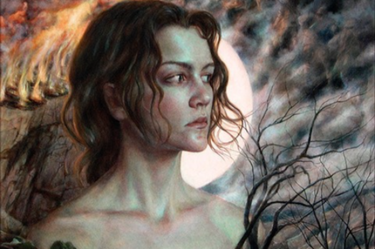 A painting of a woman in front of a cloudy, moonlit sky