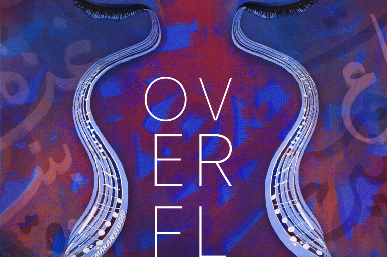 Abstract art – blue and red face with sheet music coming out of closed eyes