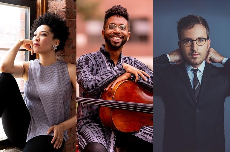 Collage photos of Julia Bullock, Seth Parker Woods, and Conor Hanick