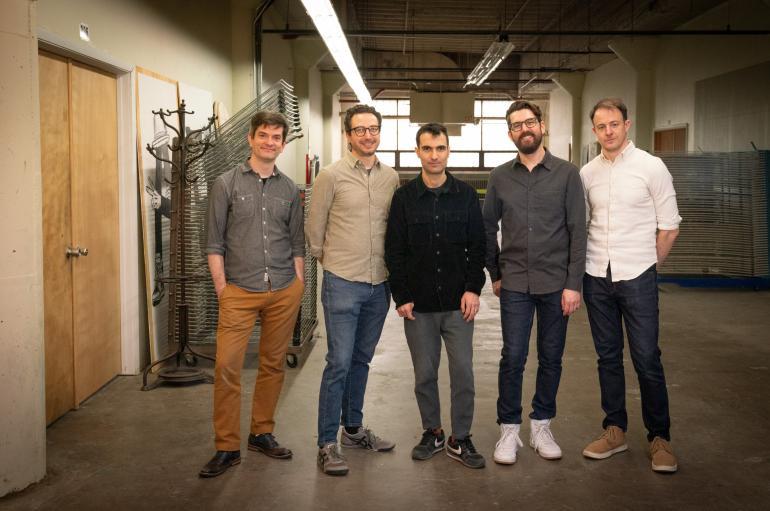Tigran Hamasyan & Third Coast Percussion group press photo in warehouse