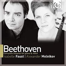Cover art for Beethoven: Complete Violin and Piano Sonatas with Isabelle Faust and Alexander Melnikov showing Alexander Melnikov and Isabelle Faust next to each other in black and white