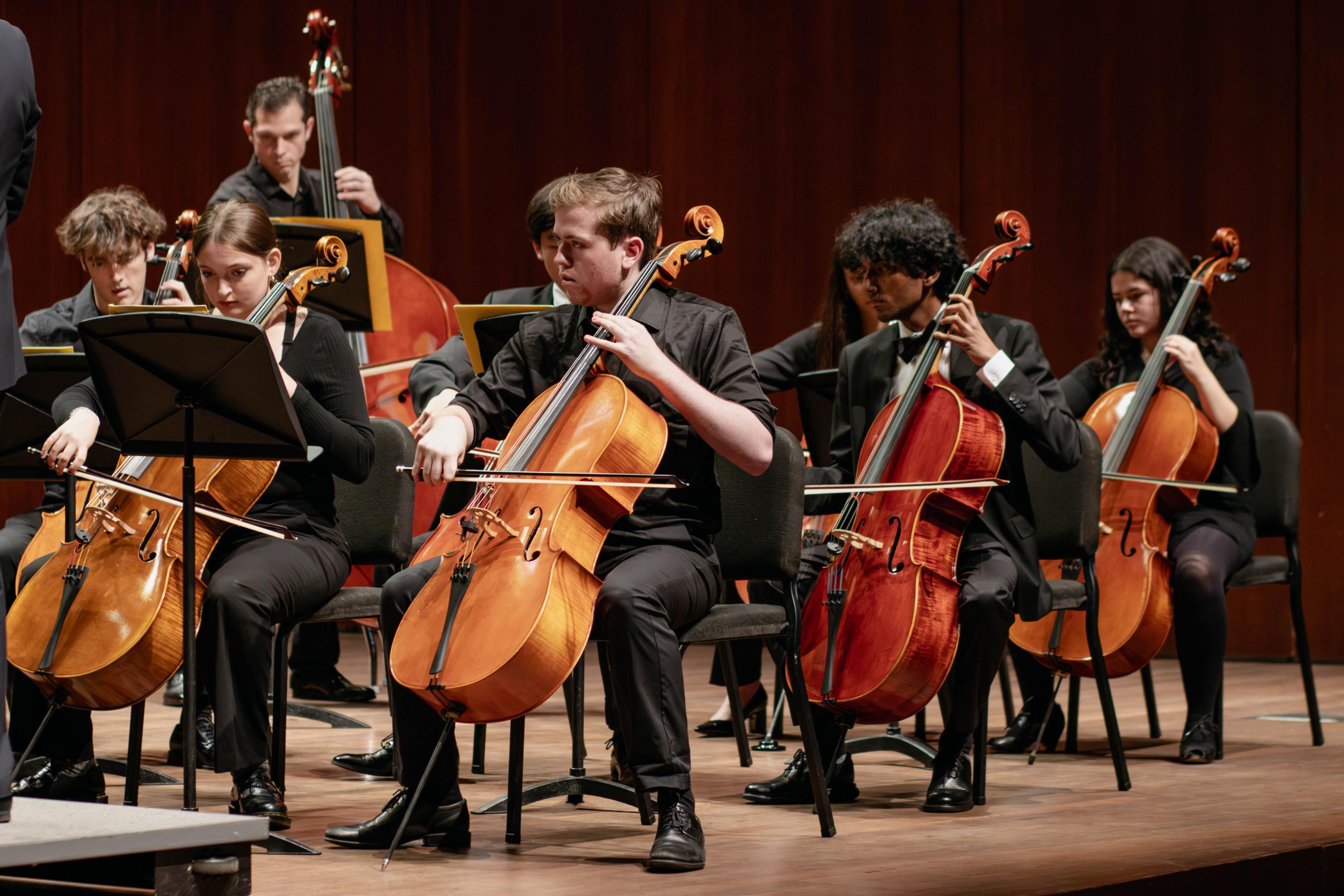 Members of University Chamber Orchestra performing in the Logan Center