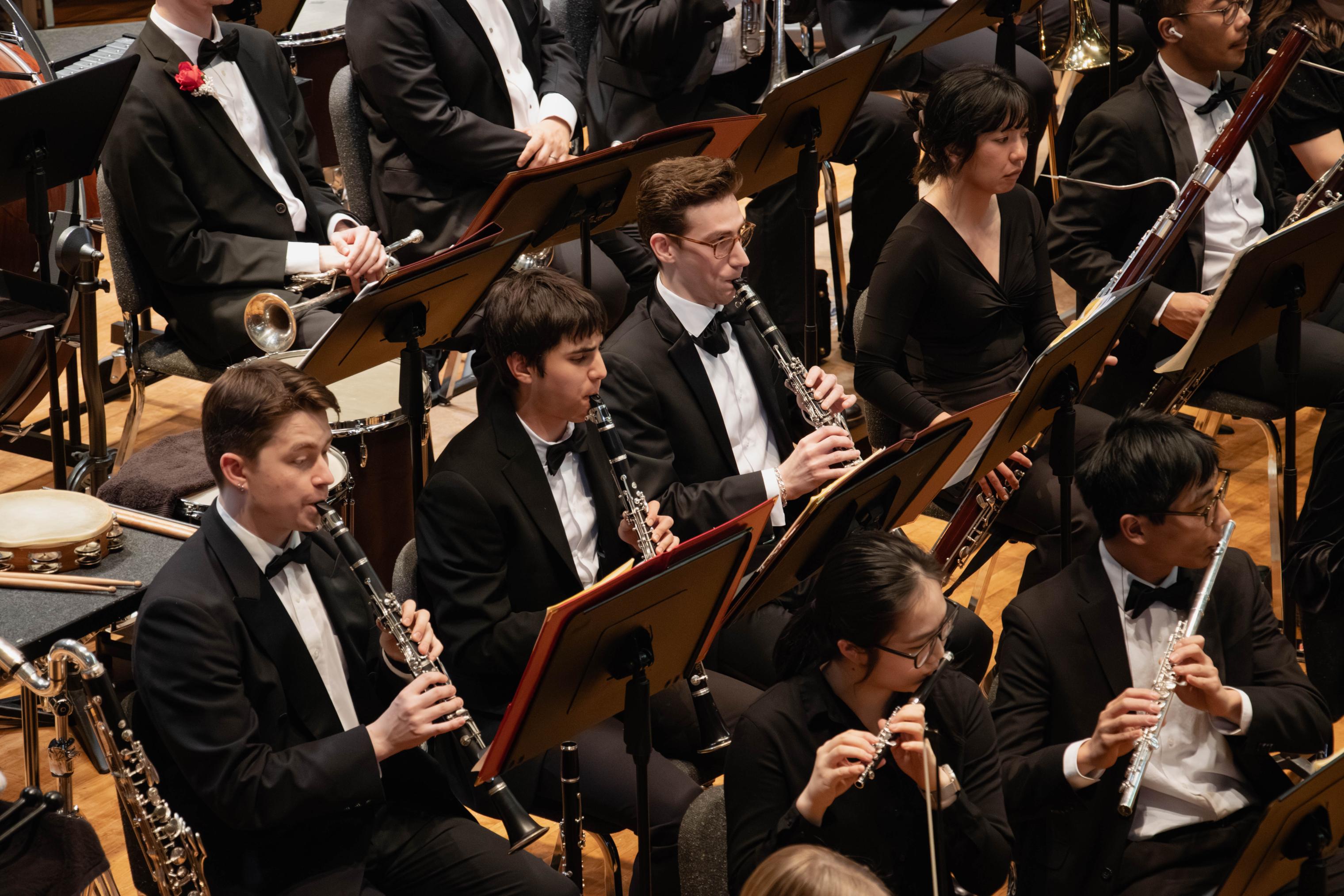 Members of the University Symphony Orchestra performing in Mandel Hall