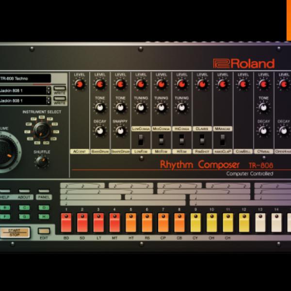 Image of the TR-808, an early drum machine with many buttons, dials, and sliders in red, orange, yellow, and white. The body of the machine is black.