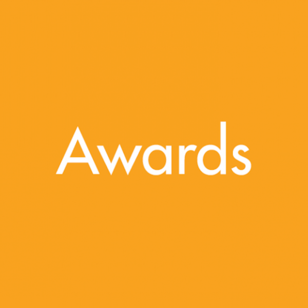 Graphic with a yellow background and white text reading "awards"