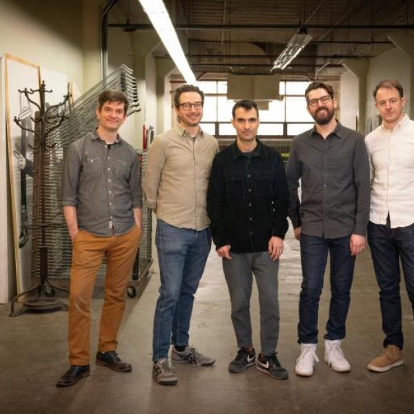 Tigran Hamasyan & Third Coast Percussion group press photo in warehouse